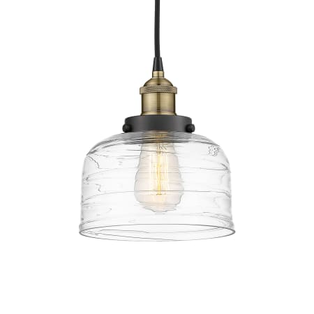 A large image of the Innovations Lighting 616-1PH-10-8 Bell Pendant Black Antique Brass / Clear Deco Swirl