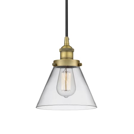 A large image of the Innovations Lighting 616-1PH-10-8 Cone Pendant Brushed Brass / Clear