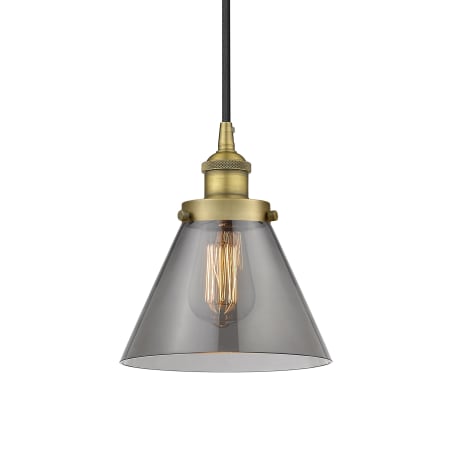 A large image of the Innovations Lighting 616-1PH-10-8 Cone Pendant Brushed Brass / Plated Smoke