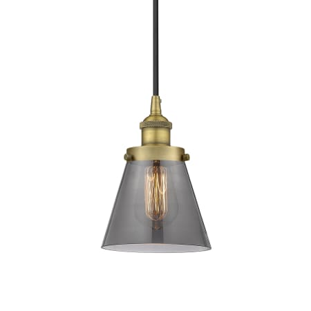 A large image of the Innovations Lighting 616-1PH-10-6 Cone Pendant Brushed Brass / Plated Smoke