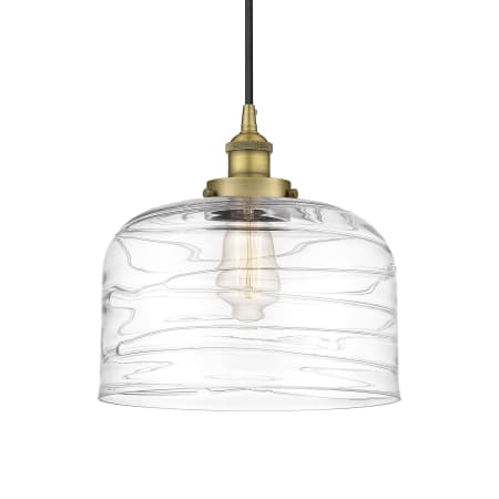 A large image of the Innovations Lighting 616-1PH-12-12-L Bell Pendant Brushed Brass / Clear Deco Swirl