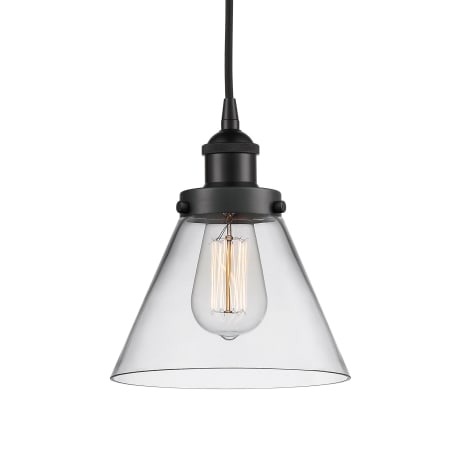 A large image of the Innovations Lighting 616-1PH-10-8 Cone Pendant Matte Black / Clear