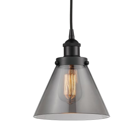 A large image of the Innovations Lighting 616-1PH-10-8 Cone Pendant Matte Black / Plated Smoke