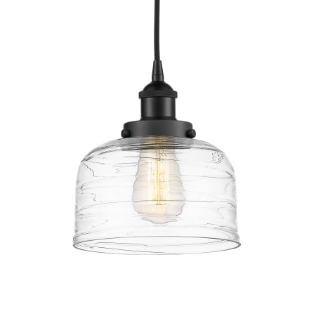 A large image of the Innovations Lighting 616-1PH-10-8 Bell Pendant Matte Black / Clear Deco Swirl