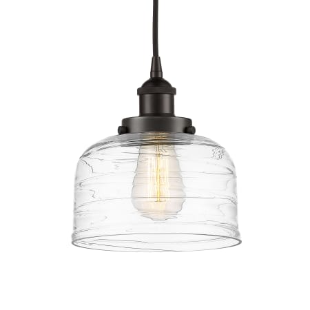 A large image of the Innovations Lighting 616-1PH-10-8 Bell Pendant Oil Rubbed Bronze / Clear Deco Swirl