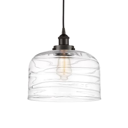 A large image of the Innovations Lighting 616-1PH-12-12-L Bell Pendant Oil Rubbed Bronze / Clear Deco Swirl