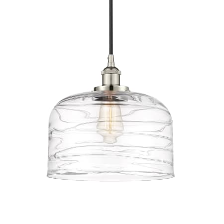 A large image of the Innovations Lighting 616-1PH-12-12-L Bell Pendant Polished Nickel / Clear Deco Swirl