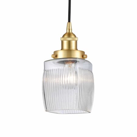 A large image of the Innovations Lighting 616-1PH-10-6 Colton Pendant Satin Gold / Clear Halophane