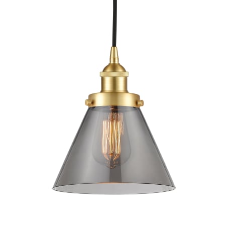 A large image of the Innovations Lighting 616-1PH-10-8 Cone Pendant Satin Gold / Plated Smoke