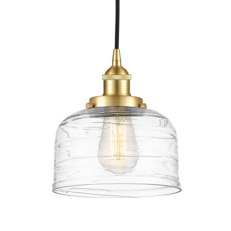 A large image of the Innovations Lighting 616-1PH-10-8 Bell Pendant Satin Gold / Clear Deco Swirl