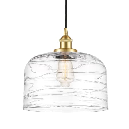 A large image of the Innovations Lighting 616-1PH-12-12-L Bell Pendant Satin Gold / Clear Deco Swirl