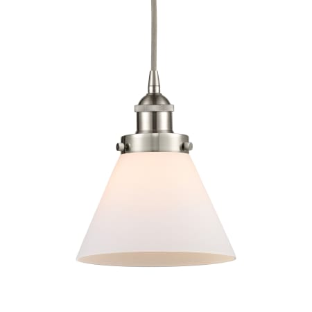 A large image of the Innovations Lighting 616-1PH-10-8 Cone Pendant Brushed Satin Nickel / Matte White