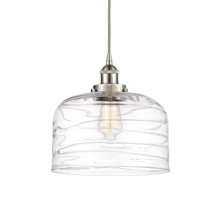 A large image of the Innovations Lighting 616-1PH-12-12-L Bell Pendant Brushed Satin Nickel / Clear Deco Swirl