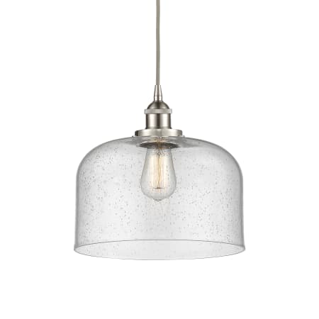 A large image of the Innovations Lighting 616-1PH-12-12-L Bell Pendant Brushed Satin Nickel / Seedy