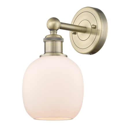 A large image of the Innovations Lighting 616-1W-12-6 Belfast Sconce Antique Brass / Matte White