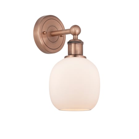 A large image of the Innovations Lighting 616-1W-12-6 Belfast Sconce Antique Copper / Matte White