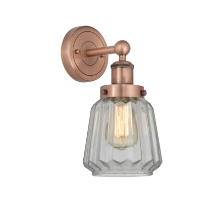 A large image of the Innovations Lighting 616-1W-10-7 Chatham Sconce Antique Copper / Clear