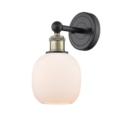 A large image of the Innovations Lighting 616-1W-12-6 Belfast Sconce Black Antique Brass / Matte White