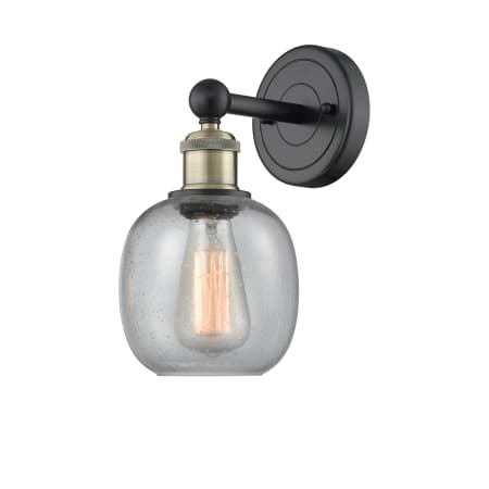 A large image of the Innovations Lighting 616-1W-12-6 Belfast Sconce Black Antique Brass / Seedy