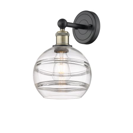 A large image of the Innovations Lighting 616-1W 12 8 Rochester Sconce Black Antique Brass / Clear