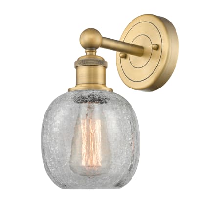 A large image of the Innovations Lighting 616-1W-12-6 Belfast Sconce Brushed Brass / Clear Crackle