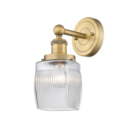 A large image of the Innovations Lighting 616-1W-12-6 Colton Sconce Brushed Brass / Clear Halophane