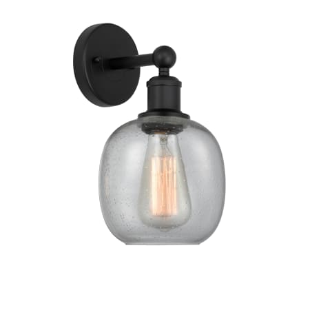 A large image of the Innovations Lighting 616-1W-12-6 Belfast Sconce Matte Black / Seedy