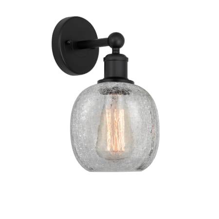 A large image of the Innovations Lighting 616-1W-12-6 Belfast Sconce Matte Black / Clear Crackle