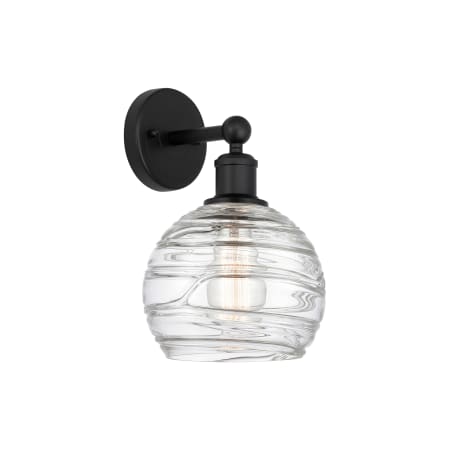 A large image of the Innovations Lighting 616-1W-13-8 Athens Sconce Matte Black / Clear Deco Swirl