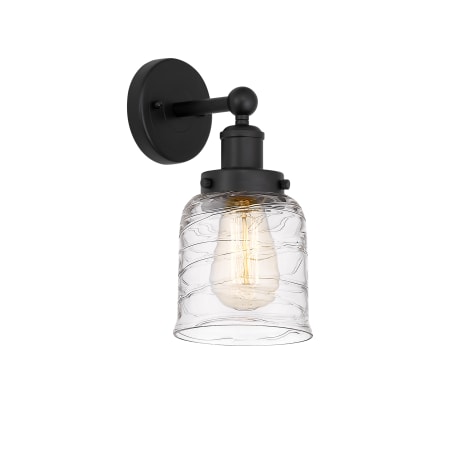 A large image of the Innovations Lighting 616-1W-10-7 Bell Sconce Matte Black / Clear Deco Swirl