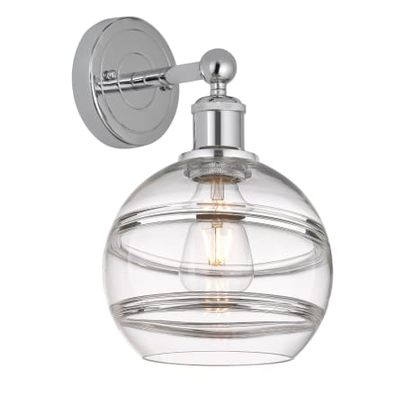 A large image of the Innovations Lighting 616-1W 12 8 Rochester Sconce Polished Chrome / Clear