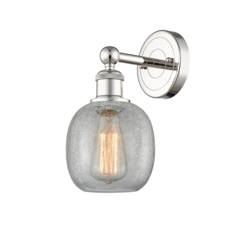 A large image of the Innovations Lighting 616-1W-12-6 Belfast Sconce Polished Nickel / Clear Crackle