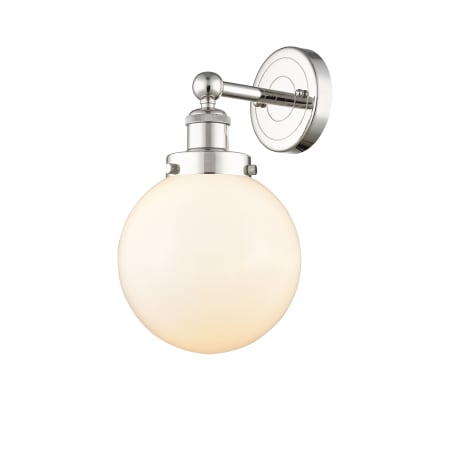 A large image of the Innovations Lighting 616-1W-10-7-L Beacon Sconce Polished Nickel / Matte White