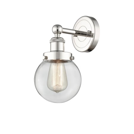 A large image of the Innovations Lighting 616-1W-10-7 Beacon Sconce Polished Nickel / Clear