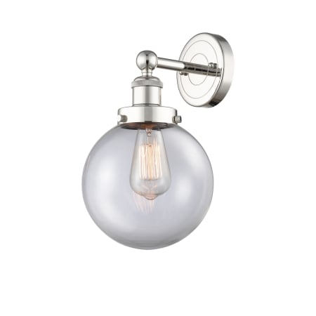 A large image of the Innovations Lighting 616-1W-10-7-L Beacon Sconce Polished Nickel / Clear