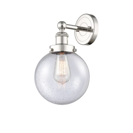 A large image of the Innovations Lighting 616-1W-10-7-L Beacon Sconce Polished Nickel / Seedy