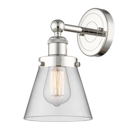 A large image of the Innovations Lighting 616-1W-10-7 Cone Sconce Polished Nickel / Clear