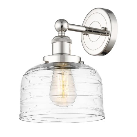 A large image of the Innovations Lighting 616-1W-10-7-L Bell Sconce Polished Nickel / Clear Deco Swirl