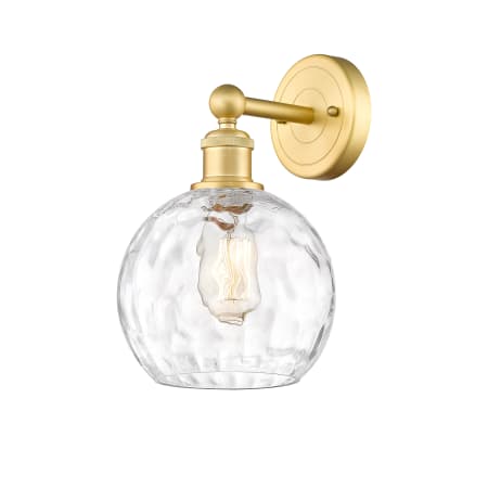 A large image of the Innovations Lighting 616-1W-13-8 Athens Sconce Satin Gold / Clear Water Glass