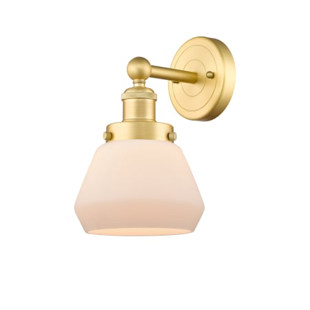 A large image of the Innovations Lighting 616-1W-10-7 Fulton Sconce Satin Gold / Matte White