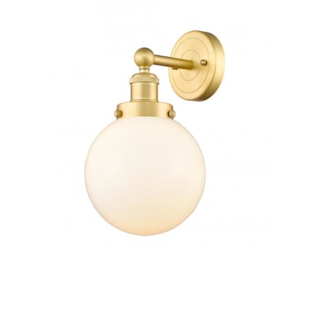 A large image of the Innovations Lighting 616-1W-10-7-L Beacon Sconce Satin Gold / Matte White