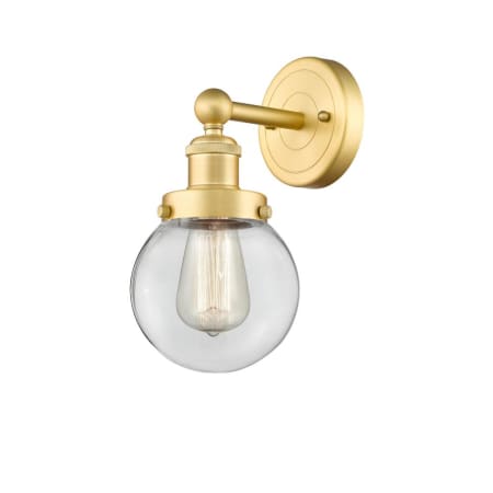 A large image of the Innovations Lighting 616-1W-10-7 Beacon Sconce Satin Gold / Clear