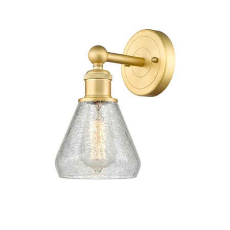 A large image of the Innovations Lighting 616-1W-13-6 Conesus Sconce Satin Gold / Clear Crackle