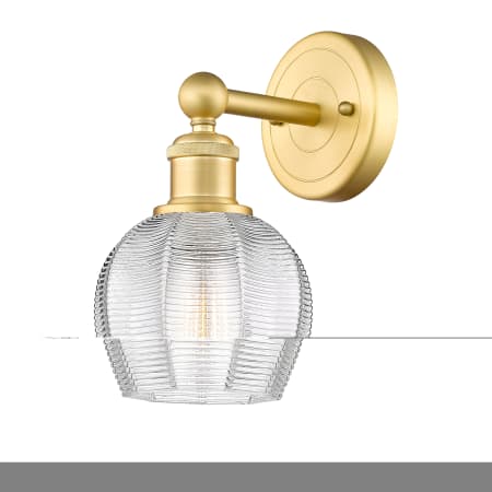 A large image of the Innovations Lighting 616-1W-11-6 Norfolk Sconce Satin Gold / Clear
