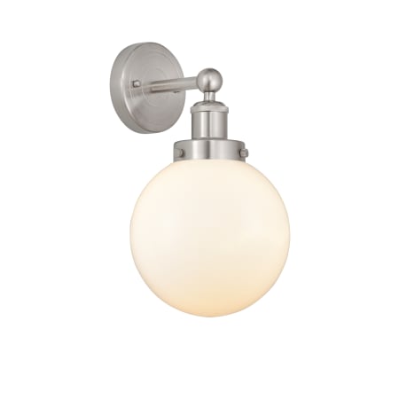 A large image of the Innovations Lighting 616-1W-10-7-L Beacon Sconce Brushed Satin Nickel / Matte White