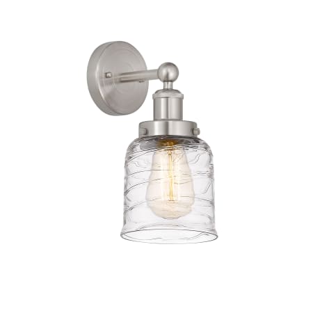 A large image of the Innovations Lighting 616-1W-10-7 Bell Sconce Brushed Satin Nickel / Clear Deco Swirl