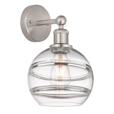 A large image of the Innovations Lighting 616-1W 12 8 Rochester Sconce Satin Nickel / Clear