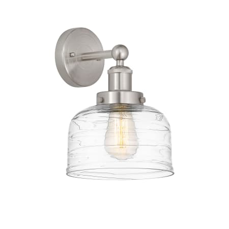 A large image of the Innovations Lighting 616-1W-10-7-L Bell Sconce Brushed Satin Nickel / Clear Deco Swirl