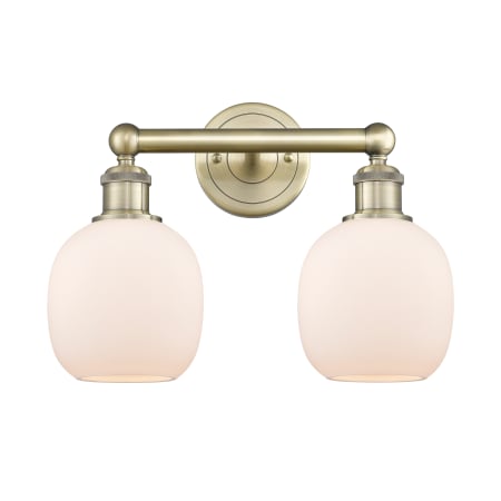 A large image of the Innovations Lighting 616-2W-12-15 Belfast Vanity Antique Brass / Matte White