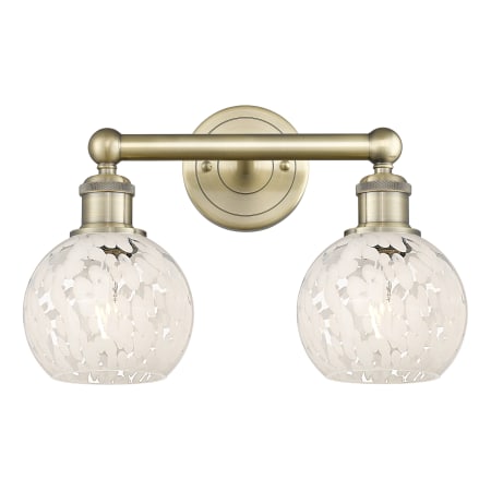 A large image of the Innovations Lighting 616-2W 10 15 White Mouchette Vanity Antique Brass